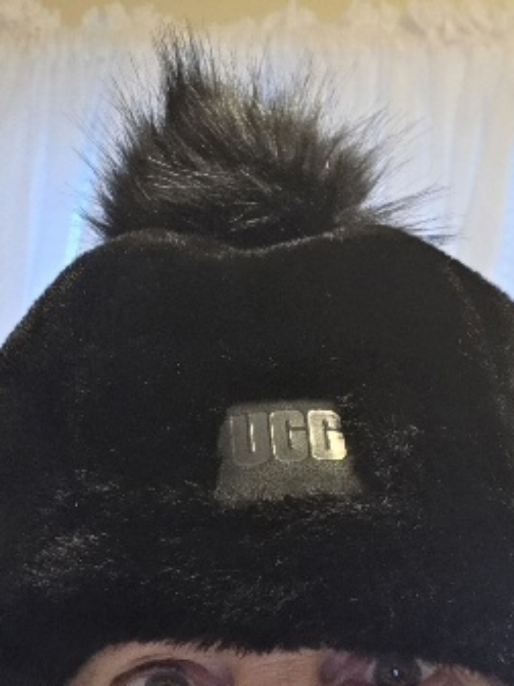 UGG Black Faux Fur Pom Hat with Logo Patch NWOT